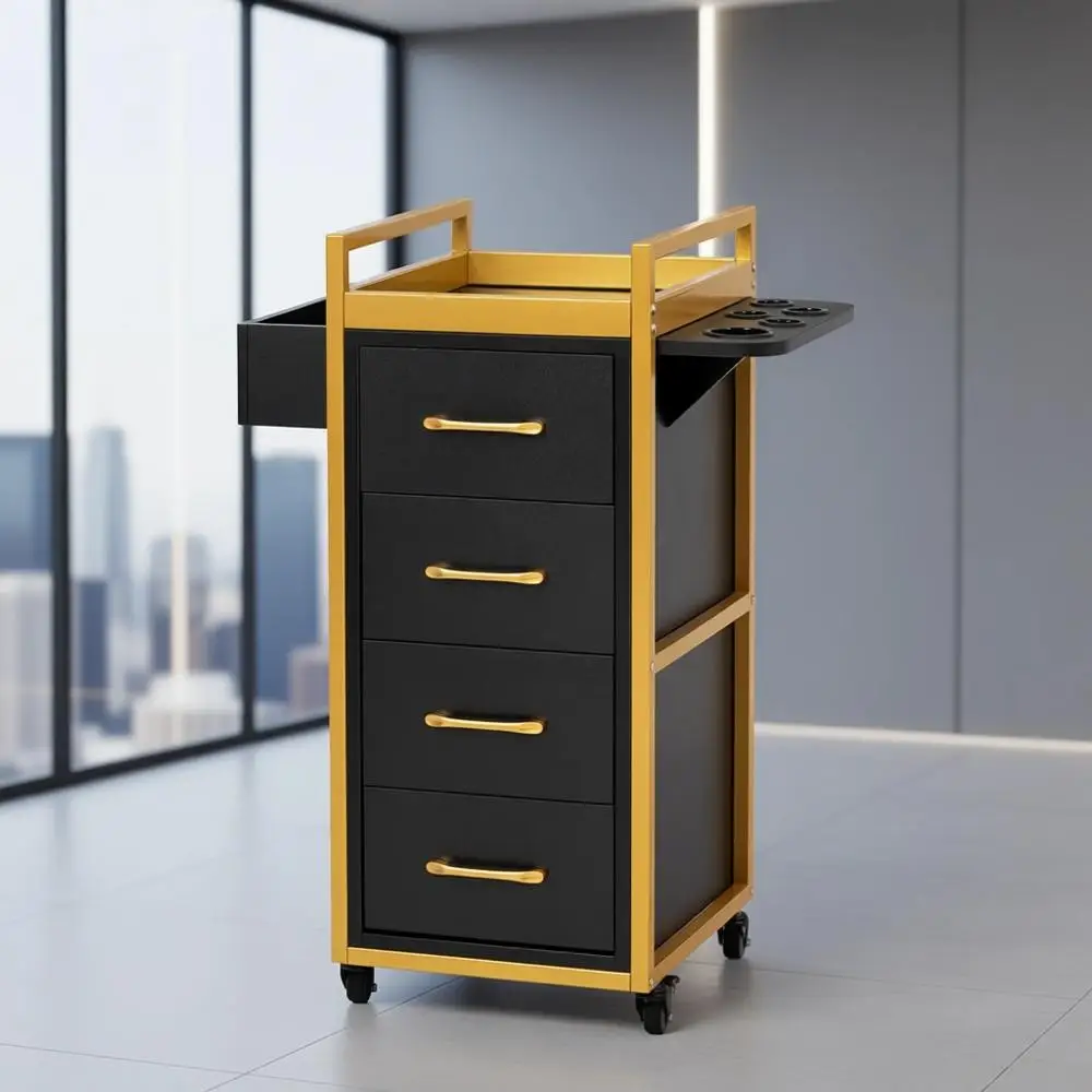 

360° Swivel Beauty Trolley Cart with 4 Drawers, 5 Tool Holders, Mobile Hair Station for Salons and Barbershops (Black & Gold)