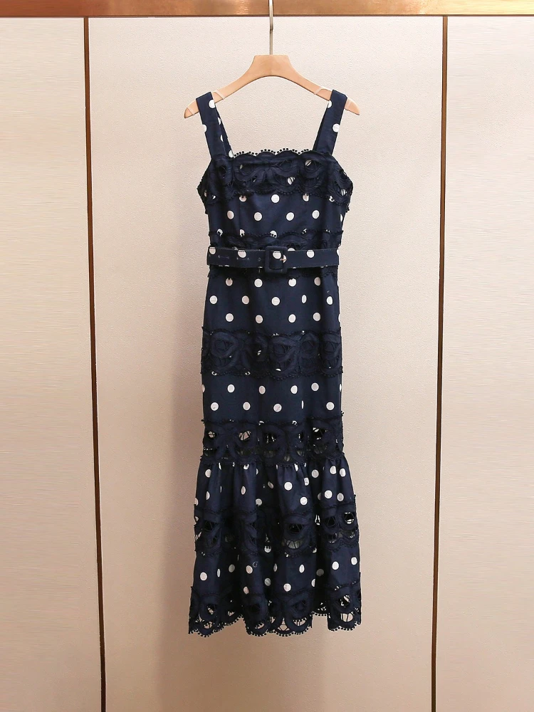 High End Women's Summer New Style Hepburn Style Fashionable Niche Polka Dot Lace Fishtail Suspender Dress