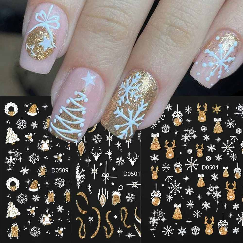 12pcs Glitter Christmas Nail Art Stickers Decals Self-Adhesive Snowflake Santa Hat Nail Sticker Winter Holiday Nail Accessories