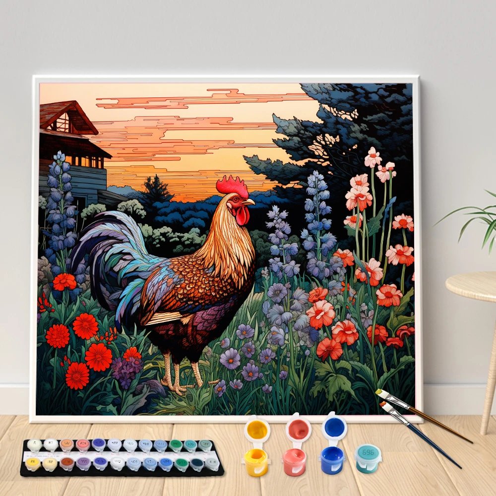 Hand  Painted Pastoral Rooster Painting by Numbers DIY Acrylic Canvas Art Gift Home Decoration Leisure Gift Dropshipping Kit