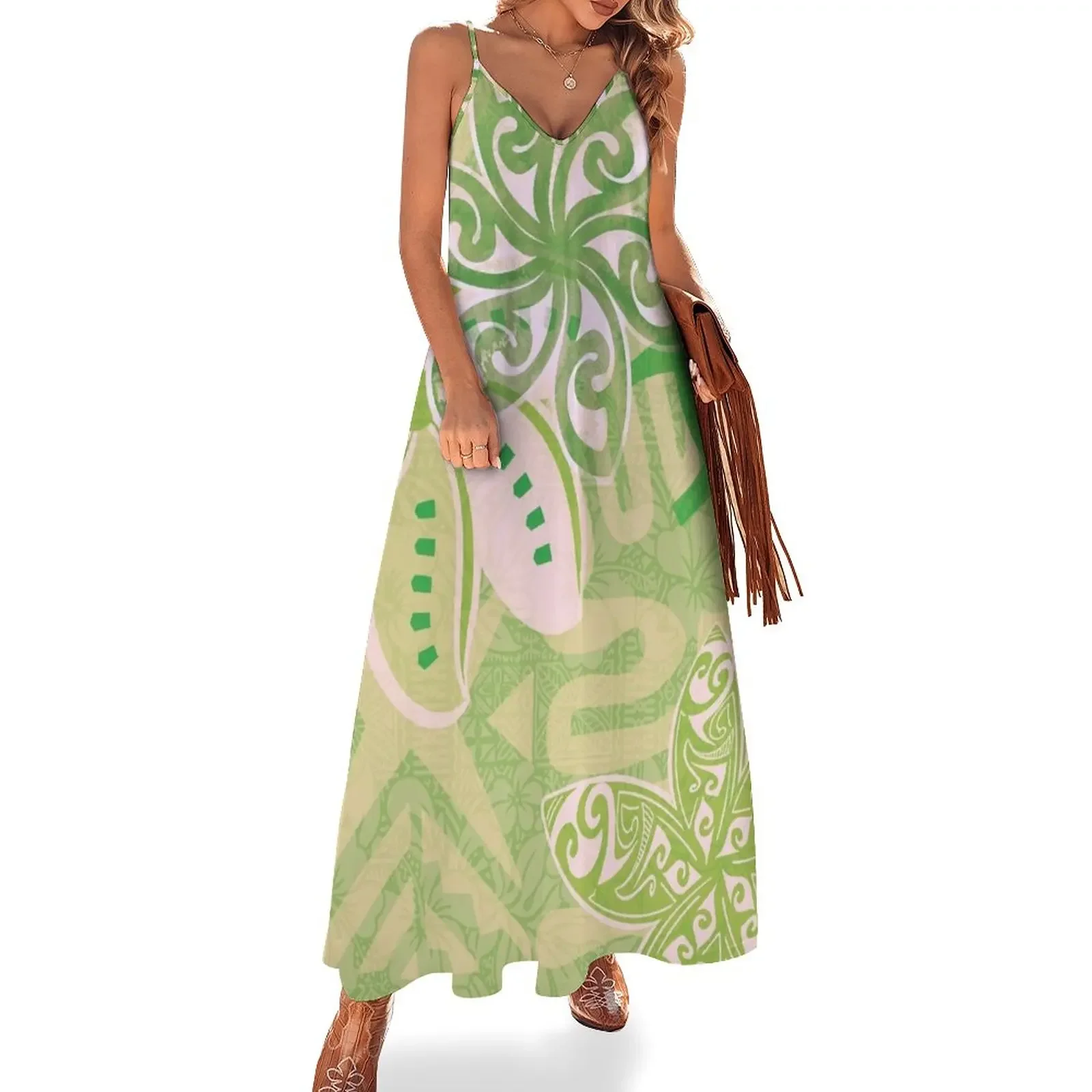 

Hawaiian - Samoan - Polynesian Tribal Green Print Sleeveless Dress elegant women's dresses for wedding Evening dresses