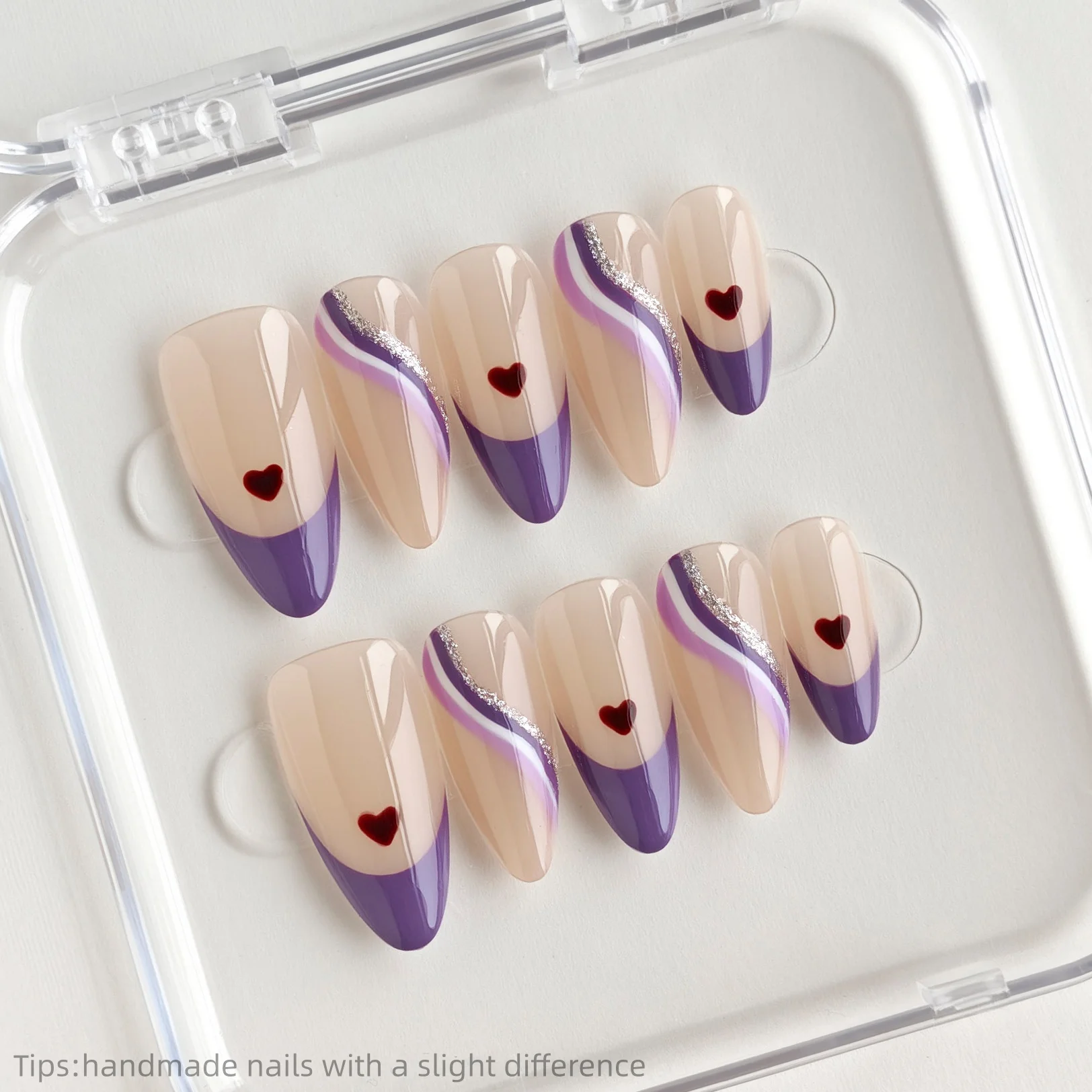 

10 шт., ручной работы телесного и фиолетового цвета, пресс для ногтей, дизайн с блестящей линией в форме сердца, 2026, модные миндалевидные носимые блестящие накладные ногти INS