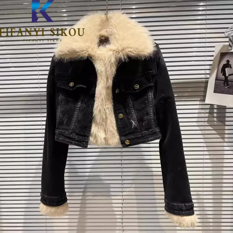 

Jeans Jacket Women Faux Fur Fashion Spliced Black Short Denim Jacket Autumn Winter Casual Thick Warm Cotton Liner Jeans Coat