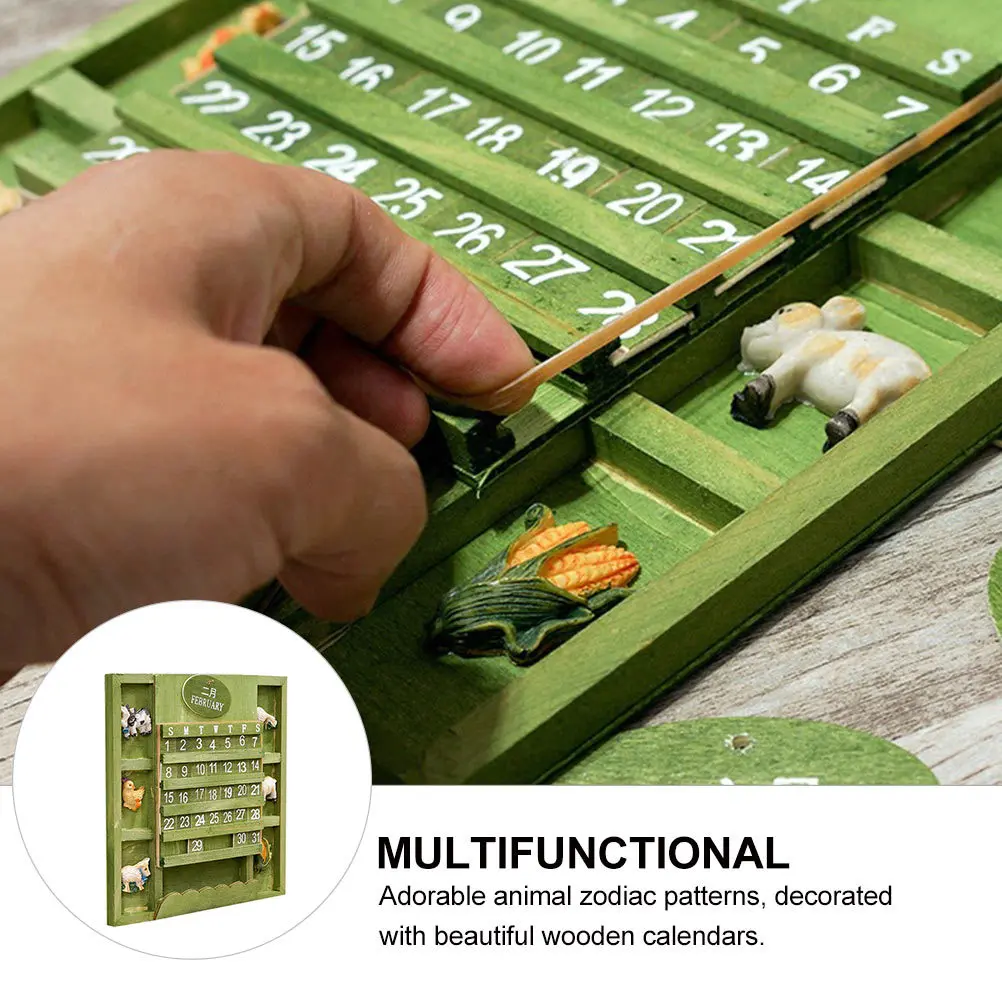 

1Pcs Green Wooden Calendar Wall Hanging Adornment DIY Christmas Decor Adorable Animal Zodiac Design Wooden Calendar