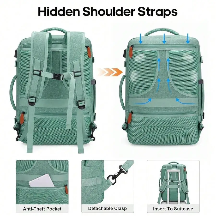 

42L Expandable Travel Backpack With Hidden Shoulder Straps Anti-Theft Pocket Detachable Clasp For Men Women