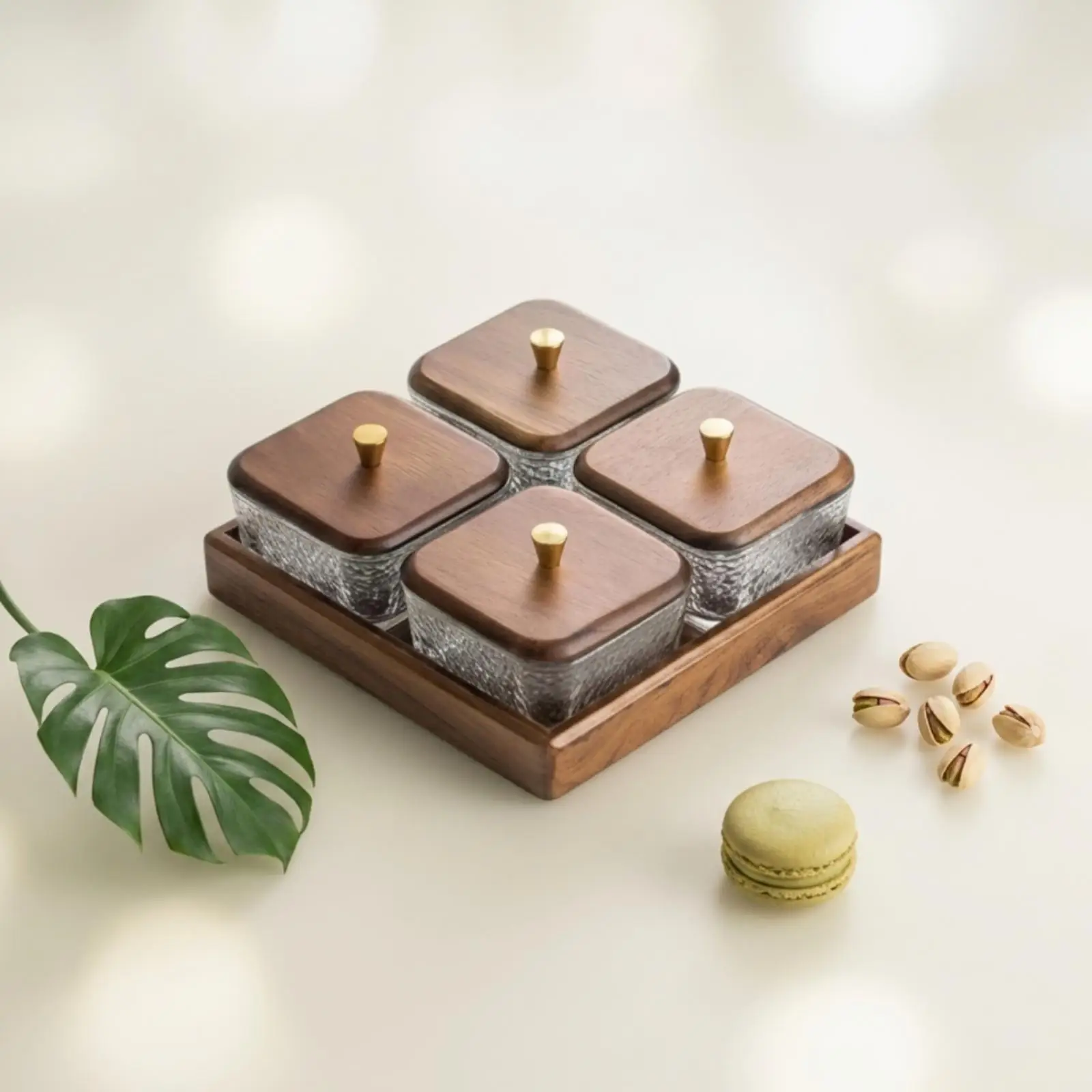 Walnut Wood Compartment Tray Glass Containers with Gold Knobs Decorative Tray for Hospitality Reception and Parties Walnut Wood Compartment Tray Glass Containers with Gold Knobs Decorative Tray for Hospitality Reception and Parties