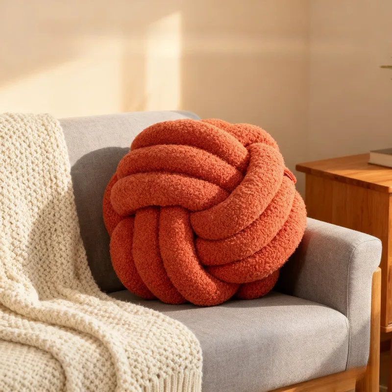 Plush Fleece Hand Knotted Lamb Pillow Braided Spherical Cushion for Bed Living Room