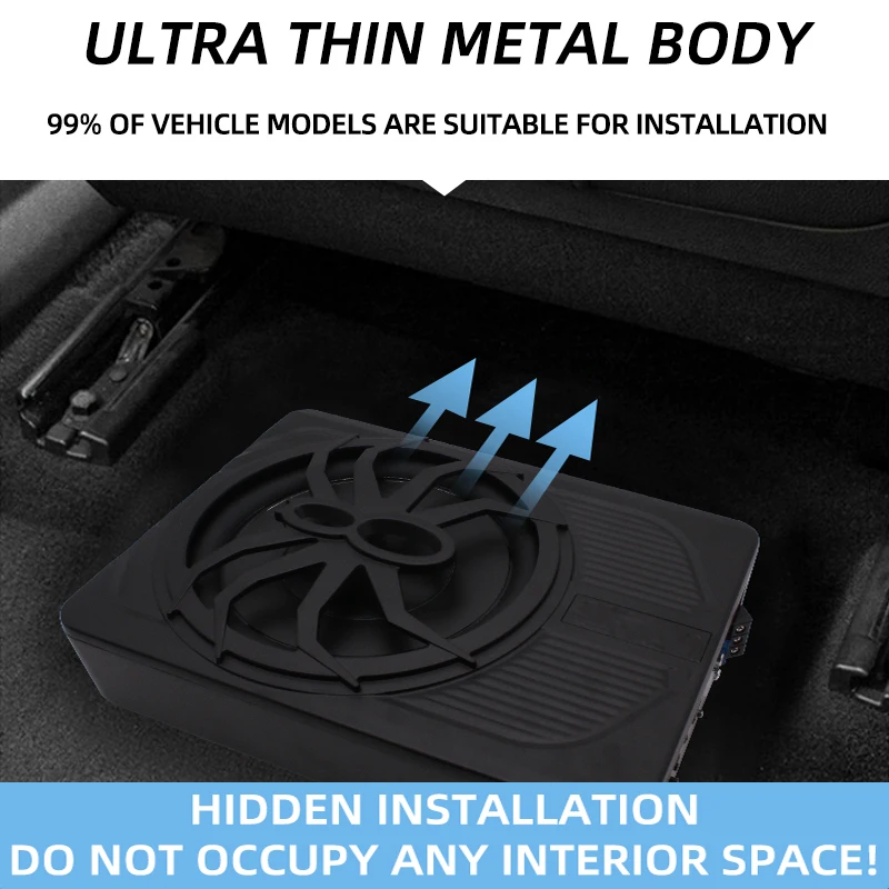 10-Inch 600-Watt Slim Under-Seat Powered Car Subwoofer, High-Power, Low-Distortion Amplifier, Excellent Heat Dissipation.