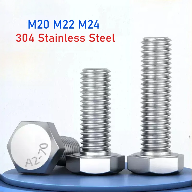 

1pcs M20 M22 M24 304 Stainless Steel External Outside Hexagon Screw Full Thread Hexagon Cap Bolt Length 30mm~200mm
