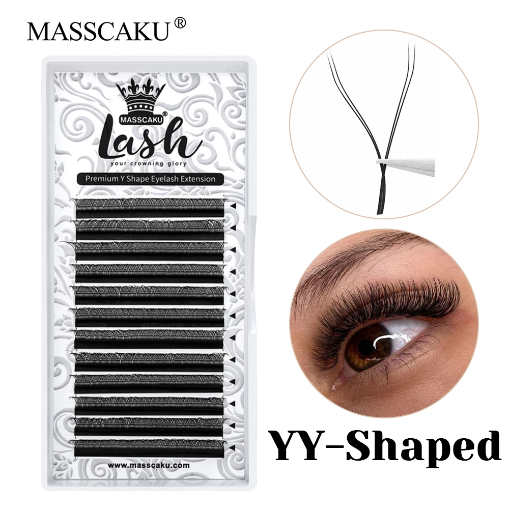 

MASSCAKU Hot Selling 8-15mm and Mix Size Multi-texture Double Split Tips Lash C D Curl Fluffy YY Shaped Eyelash for Beauty Salon