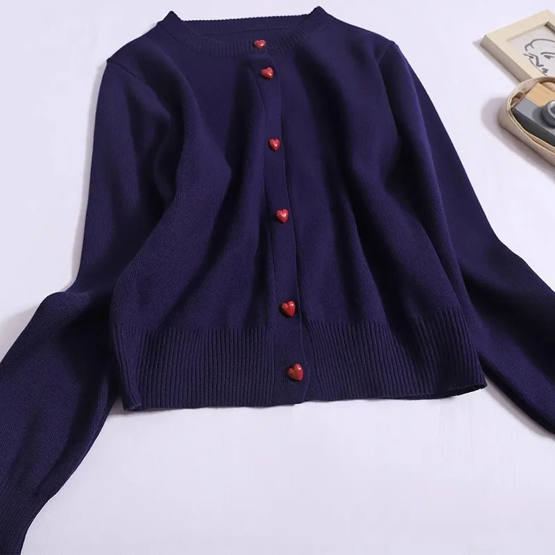 Kontrast farbe Liebes knopf Rundhals ausschnitt Langarm Strick pullover Frauen Strickjacken elegante äußere Strickjacke Tops Herbst neu