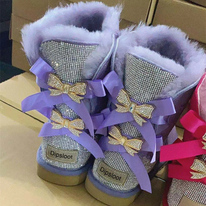 Thick Sole Warm Fur Inside back Bling Crystal Bowtie Knot Snow Boots Women Round Toe Comfortable Plush Platform Winter Boots