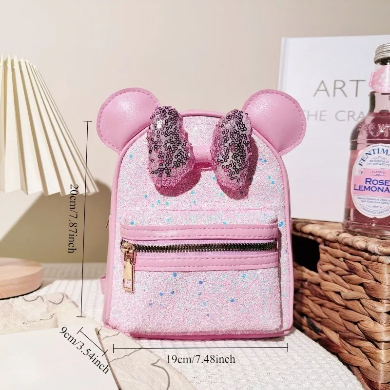 حقيبة ظهر ديزني ميني ماوس للفتيات بفيونكة صغيرة متألقة كرتونية لطيفة على الموضة هدية عيد ميلاد للمدرسة لرياض الأطفال