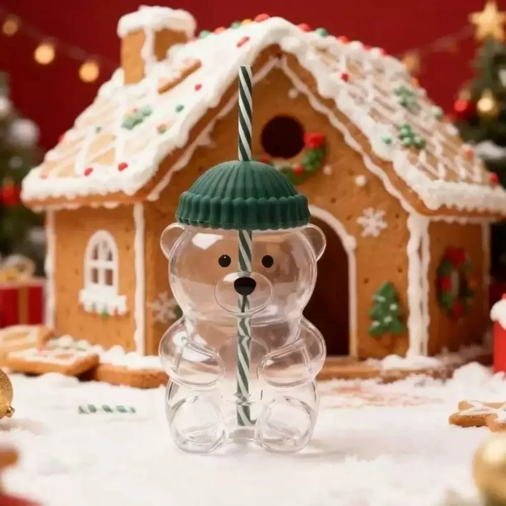 كوب بقشة الدب الجديد 2025، كوب زجاجي لطيف مع قش قابل لإعادة الاستخدام - تصميم حيوانات فيروسية للعصائر والقهوة المثلجة والقهوة المثلجة Chr