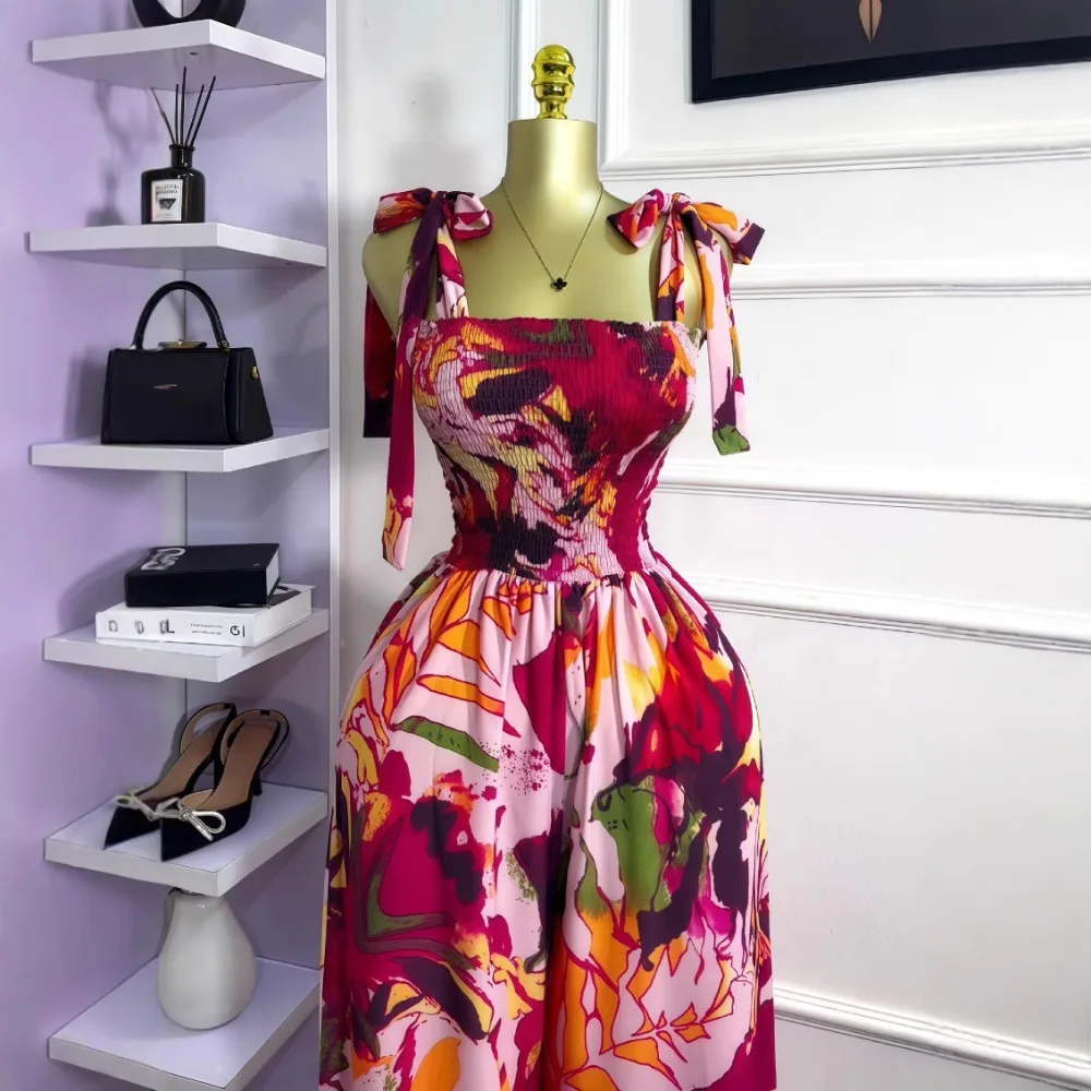 Frauen Ärmellose Bowknot Spitze-up Liebsten Taille Cinching Lange Gedruckt Overall Sommer Strand Boho Urlaub Ein Stück Anzug Strampler