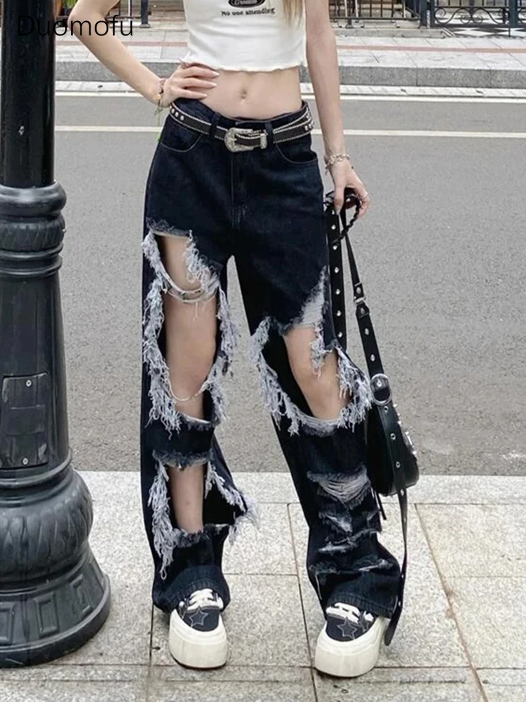 

Duomofu Black Chicly Hollow Out Straight Loose Women Jeans Summer Fashion High Waist Slim Simple Casual Full Length Female Jeans