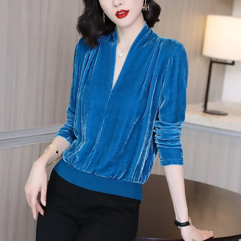 

Autumn Winter Women Shirts Golden Velvet Thicken V-Neck Solid Pleated Fashion Elegant Long Sleeve Pullovers Bottoming Shirt Tops