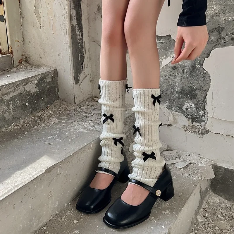 Japanese Bow Leg Warmers JK Knitted Woolen Pile Y2k Socks Women Girls Fashion Ballet Guards Socks White Black Long Stockings