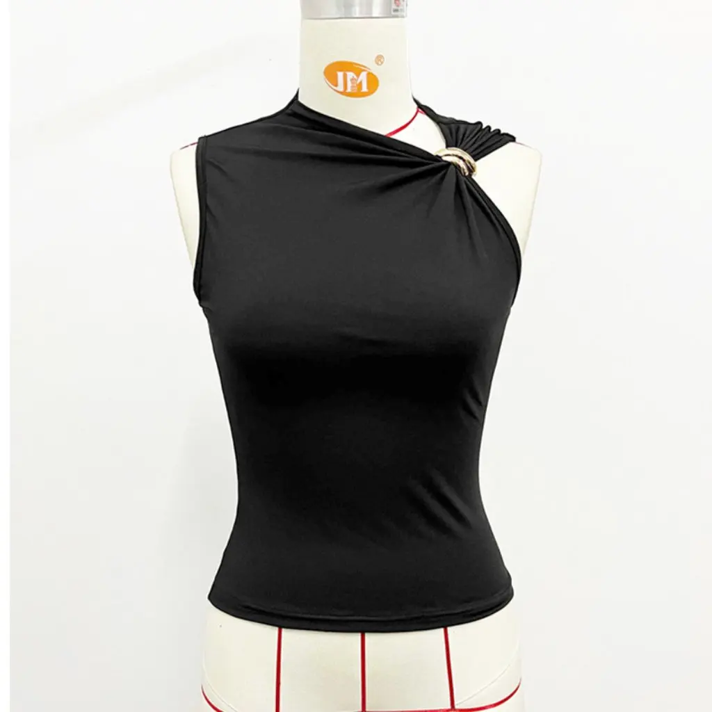 

Summer Elegant Sleeveless Ring Design Solid Color Slim Vest Top for Women New Simple Metal