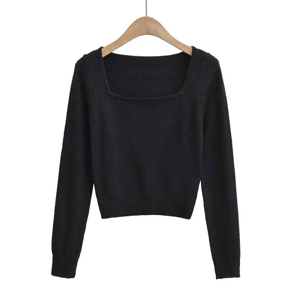 

CL22106-23 Women's Autumn Knitted Sweater Sexy Large Square Collar Open Collarbone French Pure Desire Style Bottoming Shirt
