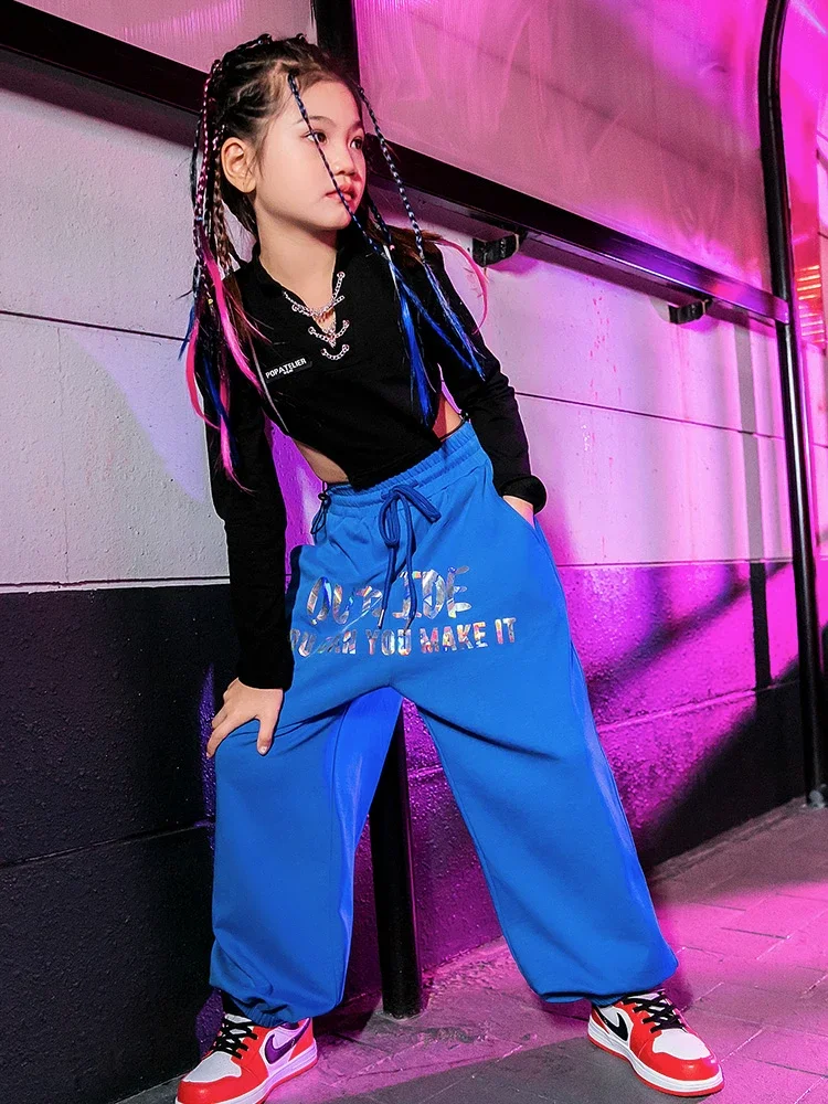 ジャズダンス衣装、子供用ストリートダンスヒップホップパンツセット、女の子用パフォーマンストレンディ服