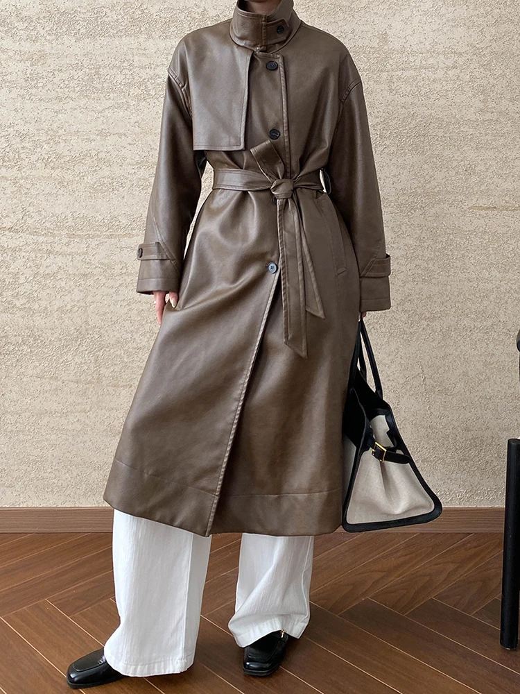 PU Leather Coffee Belted Big Size Long Jacket New Lapel Long Sleeve Women Coat Fashion Tide Spring Autumn