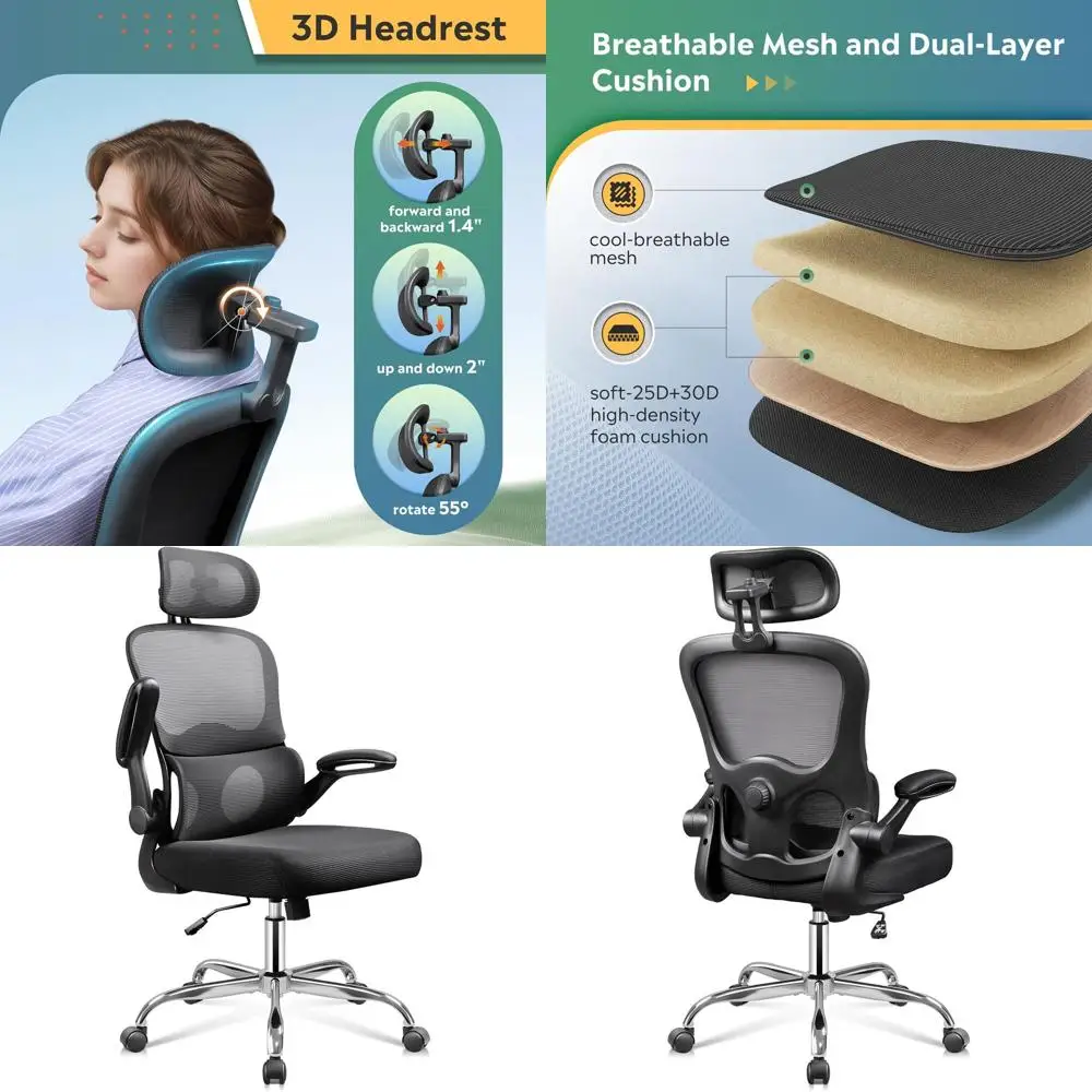 

Mesh Office Chair with Adjustable Lumbar Support, Plush Seat, and Swivel Armrests for Comfortable Gaming or Work, Black