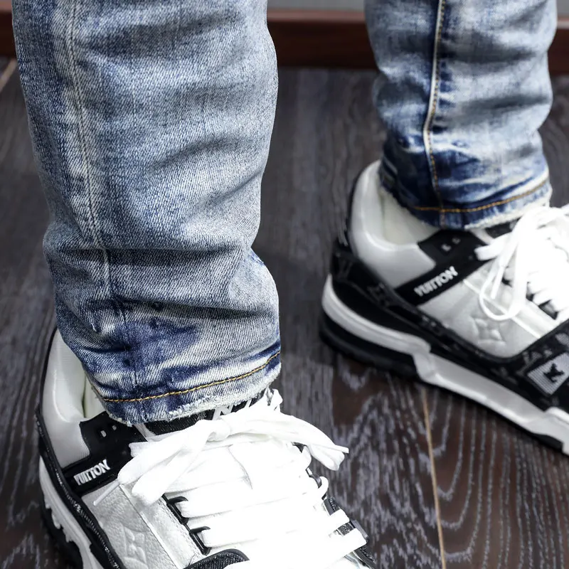 American Y2K  designer fashion new men's jeans stretch slim fit patchwork washed blue jeans high street hip-hop brand pa