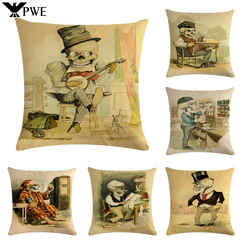 Cartoon Skull Print Linen Pillowcase Halloween Casual Party Sofa Decorative Cushion Cover 45*45cm