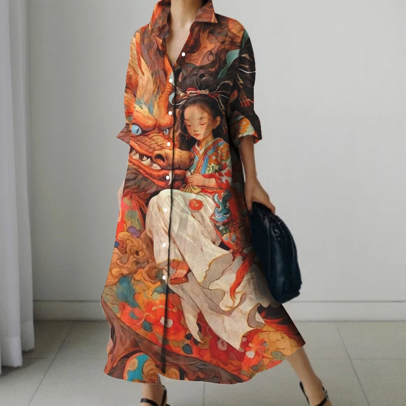 2024 New Japanese Portrait Print Autumn Long Sleeve Shirt Dress Street Fashion Single Breasted Long Skirt Loose And Comfortable