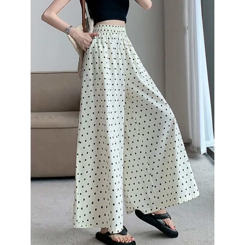 Polka Dot Ice Silk Wide Leg Palazzo Pants Skirt Women Summer High Waist Flowy Slimming Culottes
