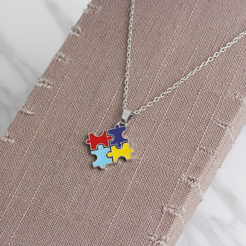 Simple Splice Mosaic Women Jigsaw Pendant Red Yellow Blue Purple Colorful Enamel Puzzle Necklaces For Friend 4 Hearts Together