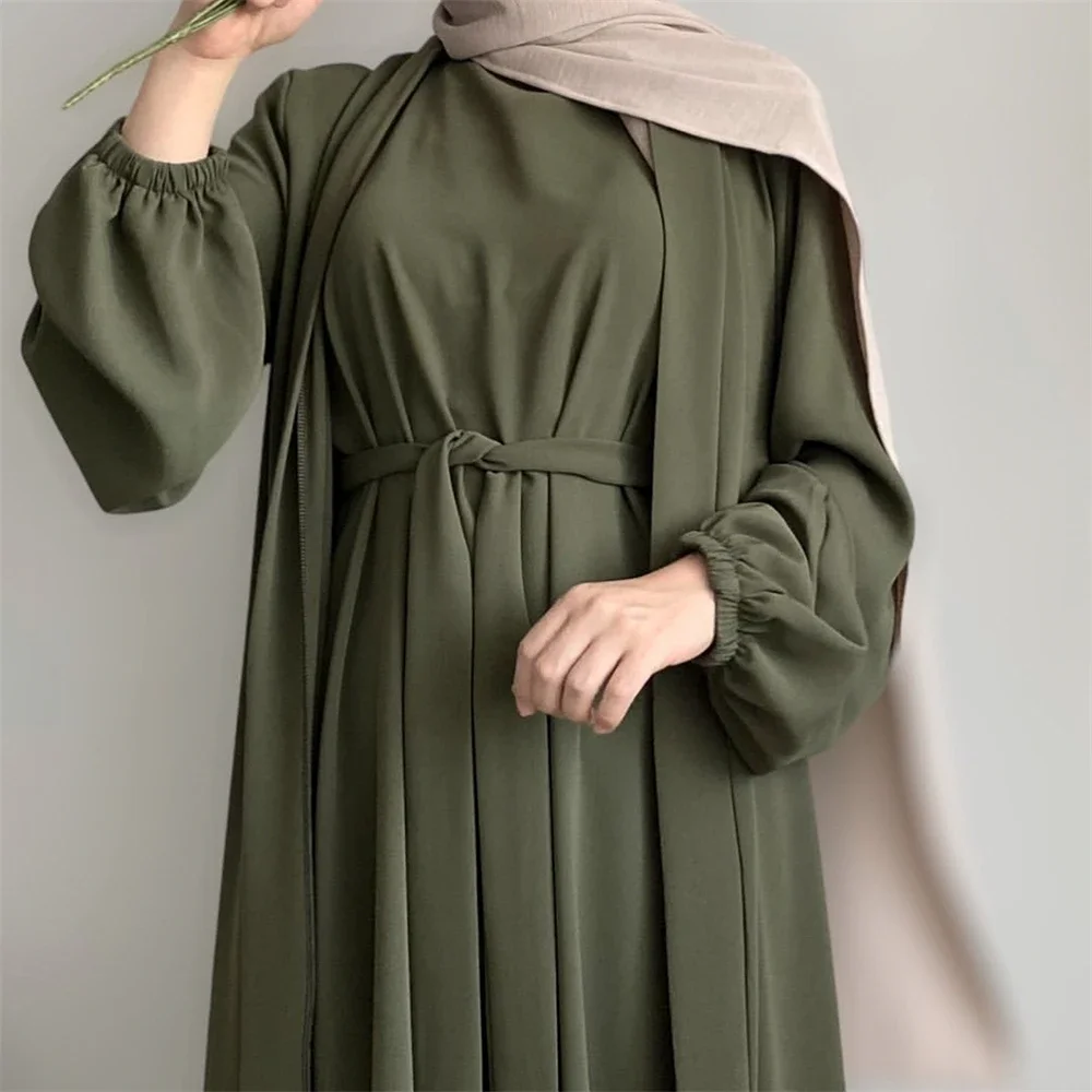 Nowy zestaw Abaya marszczona tkanina otwarta Abaya + długa sukienka wewnętrzna islamska odzież muzułmańskie kobiety sukienki zestaw turecki Kaftan Ramadan Eid