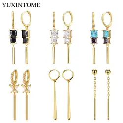 925 sterling silver ear Needle square/butterfly zircon long pendant hoop earrings fashion wedding jewelry gifts metal earrings