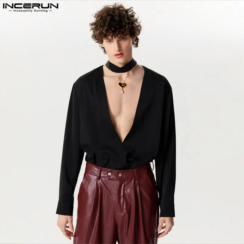 INCERUN Tops 2024 Spring Summer Shirt Mens Long Sleeve Tops Deep V Neck Sexy Shirts Clothing Stylish Casual Shirts Camisas S-5XL