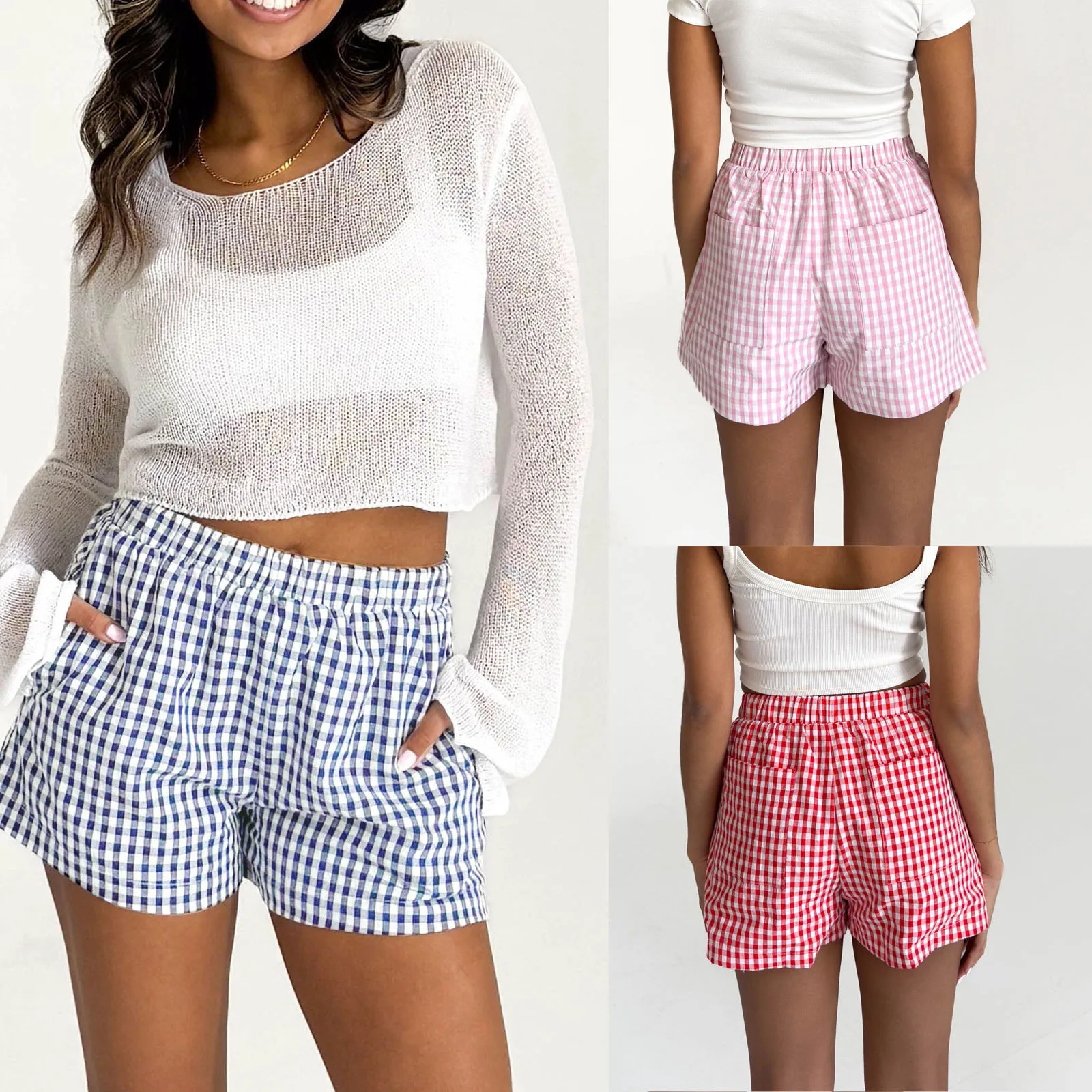 Y2K Women's Summer Cute Sweet Plaid Print Shorts Elastic High Waistband Pocket Casual Shorts Streetwear