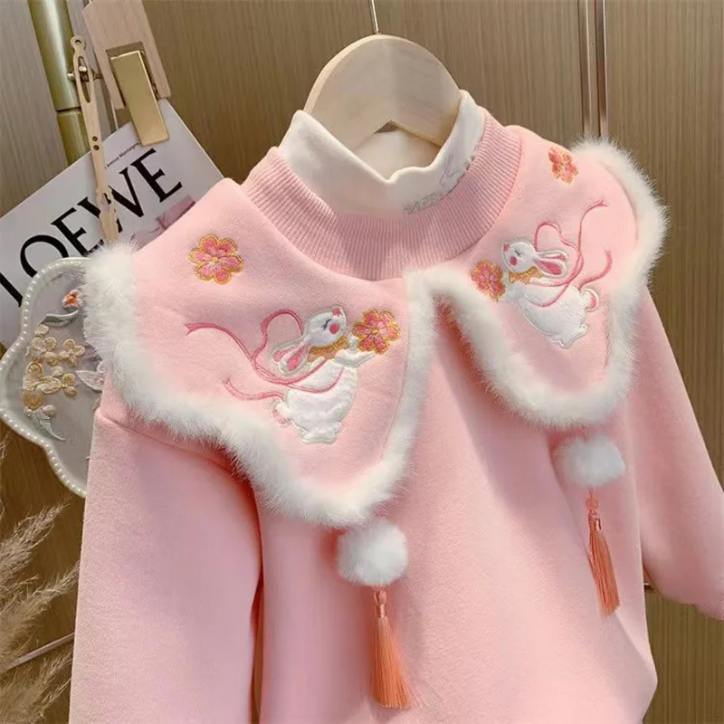 Warm Embroidery Sweatshirt Girls Outfit Doll Collar Pullover Tops Kids 2 Piece Sets Thick Cute Jogger Pants Children Ensembles