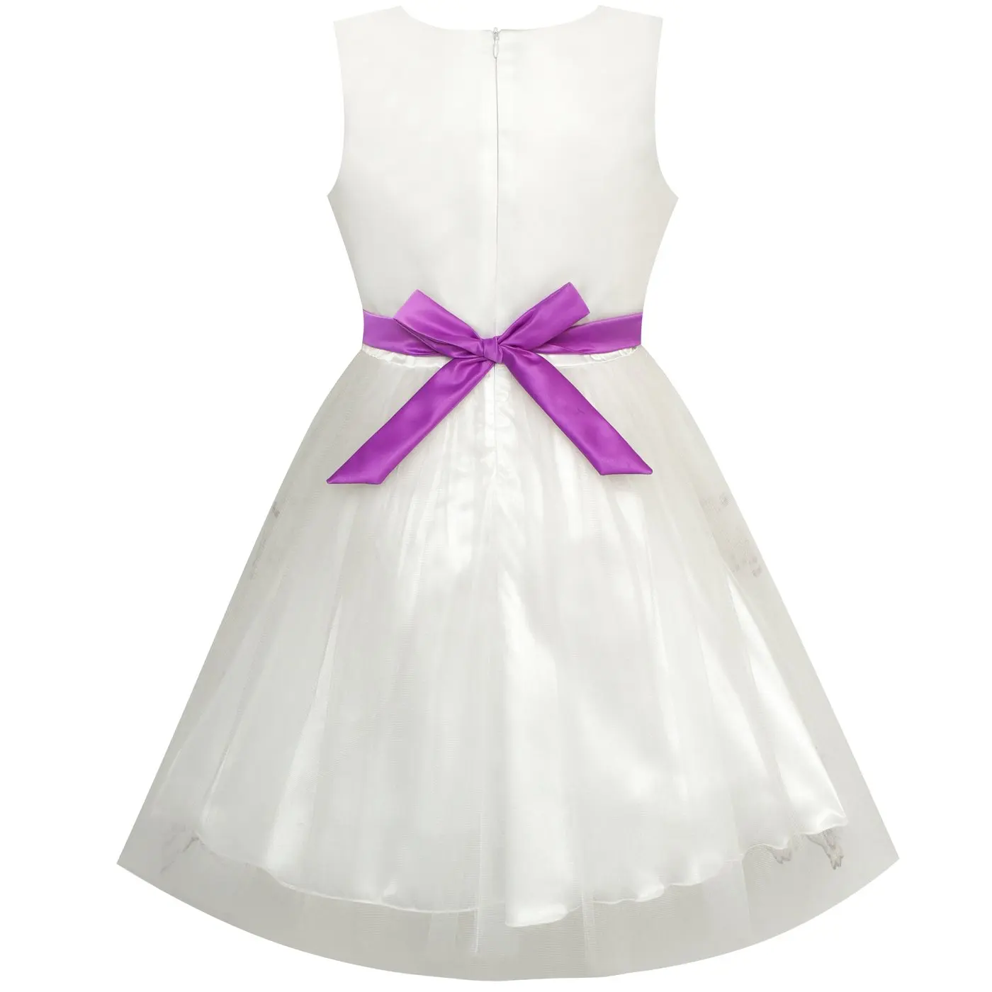 Girls Dress Bow Tie Purple White Color Contrast Lace Flower
