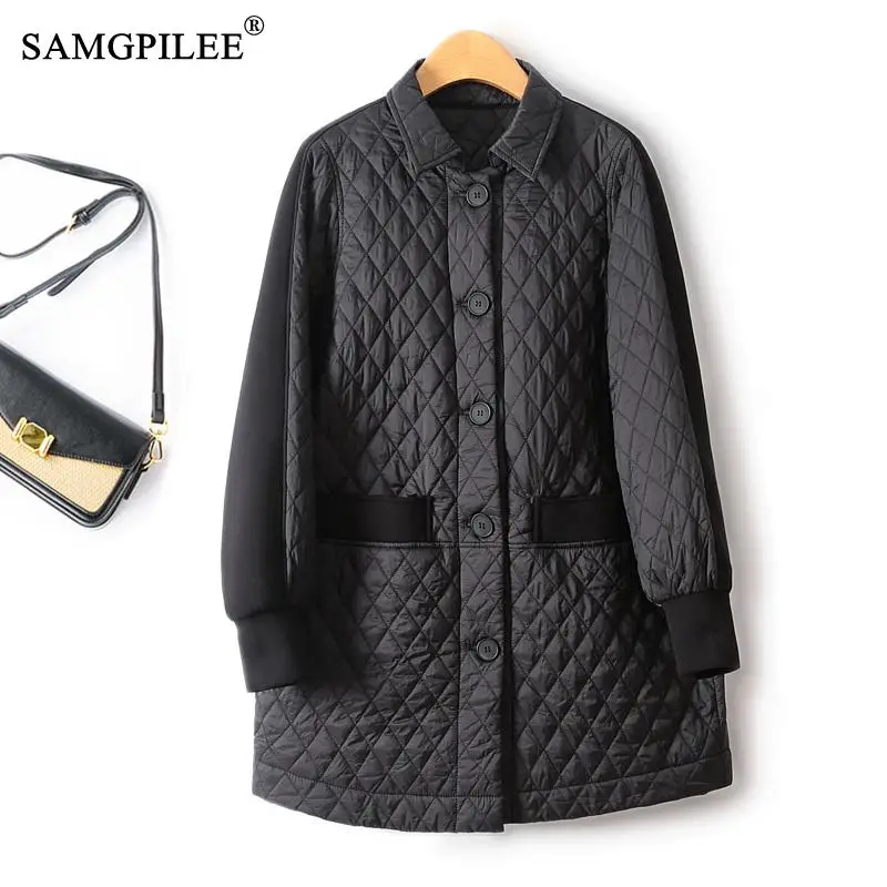 

2023 Winter Quilted Jacket Women Slim Turn Down Collar Rhombus Large Pockets Loose Mid Length Cotton Lightweight Padded Coats