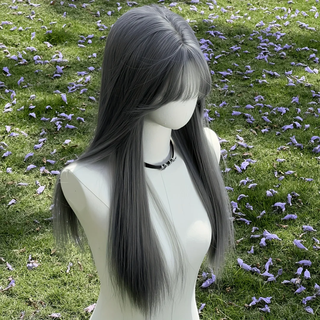 New Silver Gray Long Straight Hair Chemical Fiber Synthetic Wig Neat Bangs Matte Long Straight Hair Wig Women's Universal Wig
