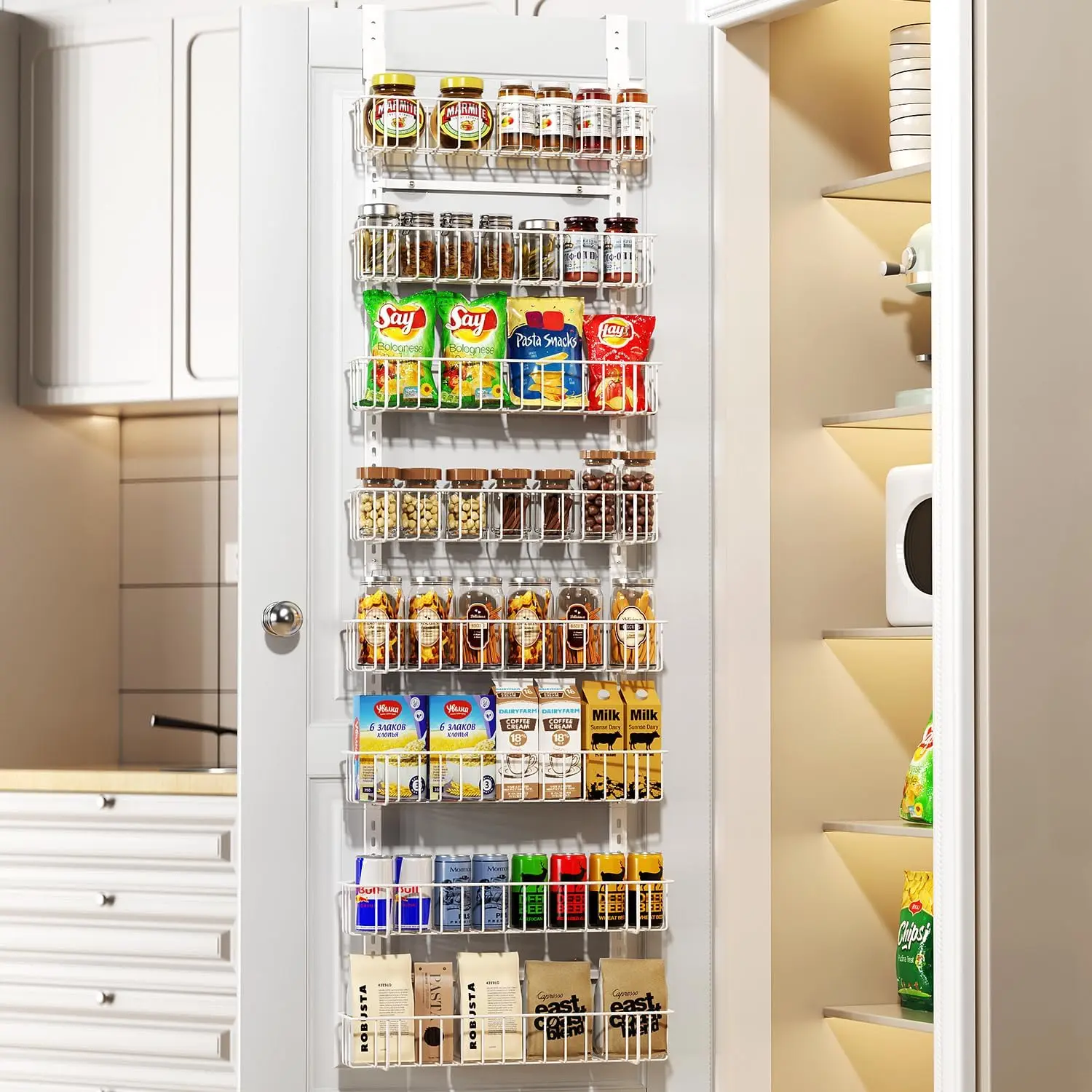 

Регулируемая 8-ярусная подвесная полка-органайзер для специй, металлическая подвесная полка для хранения над дверью для кухни, ванной комнаты, прачечной, белая