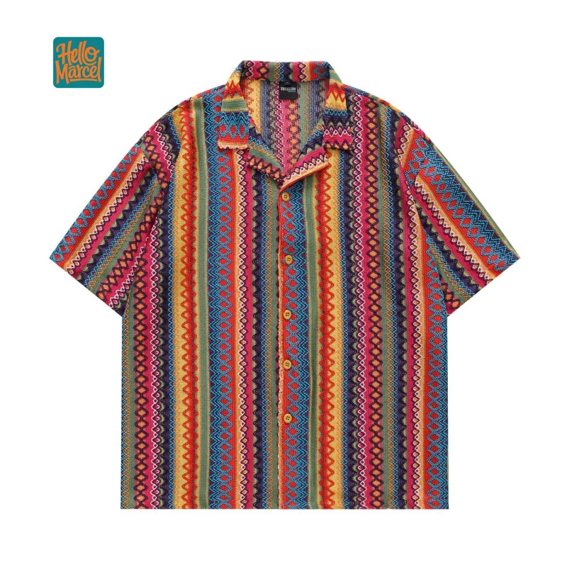 HELLOMARCEL EU US Size Luxury Quality Men Casual Shirt High Street American Retro Ethnic Hollow Cuban Collar Short Sleeve Shirt