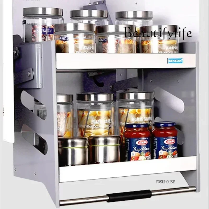 BJ Nordic Wall Mounted Kitchen Racks Lift Pull Basket Kitchen Cabinet Stainless Steel Drawer Baskets Seasoning Bottle Storage R