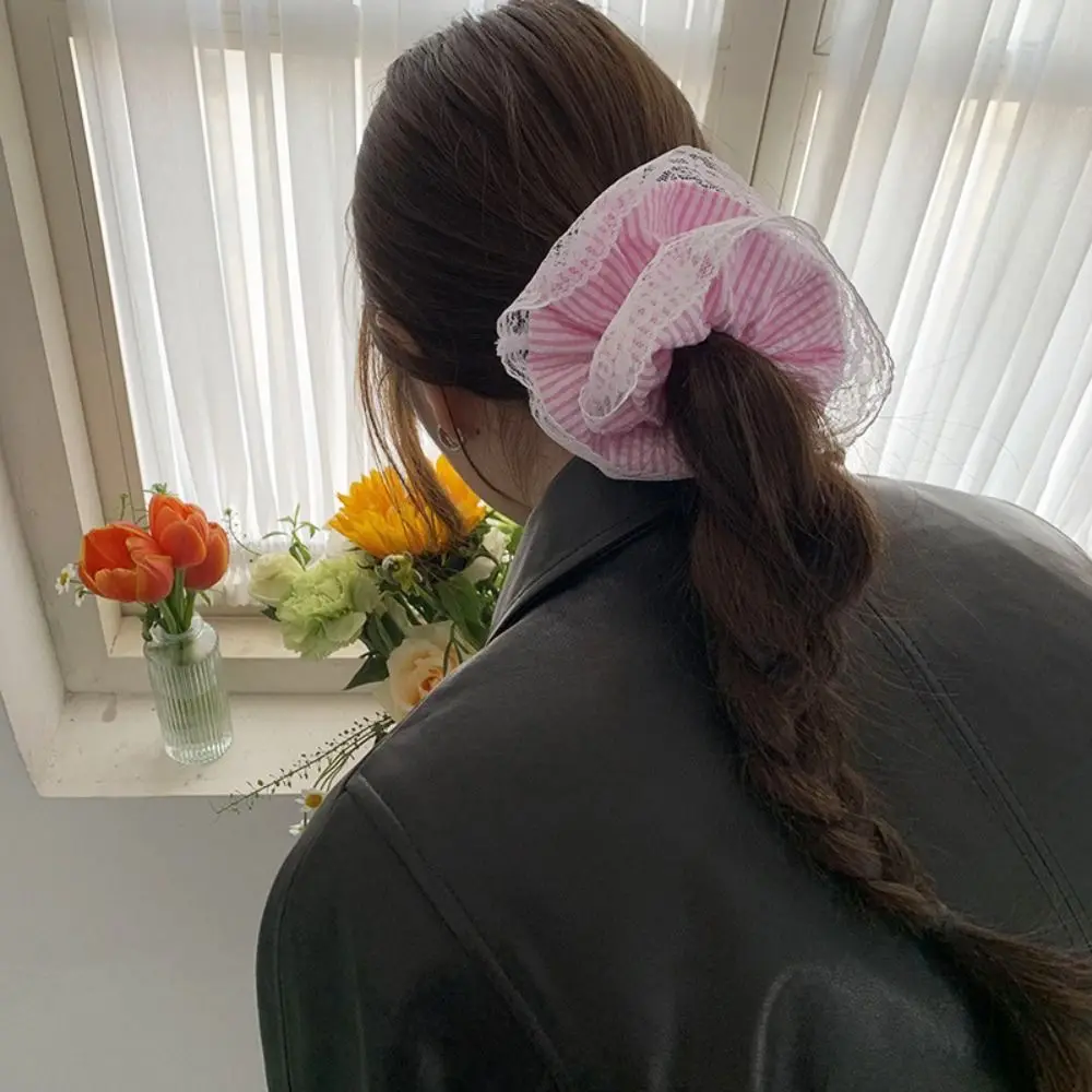 

Stripe Lace Hair Rope Cute High Elastic Headdress Sweet Scrunchies Bow Ponytail Holder Korean Style Hair Ring