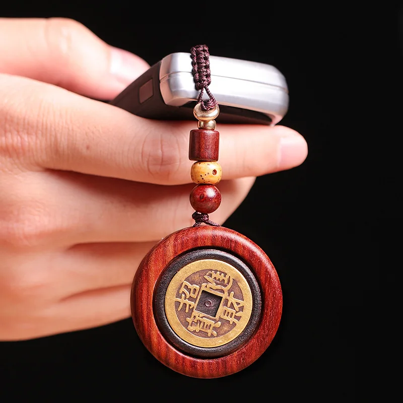 Sandalwood Fortune Turning Peace Tag Brass Five Emperor Coins Keychain for Men Premium Car Key Chain Pendant Gifts