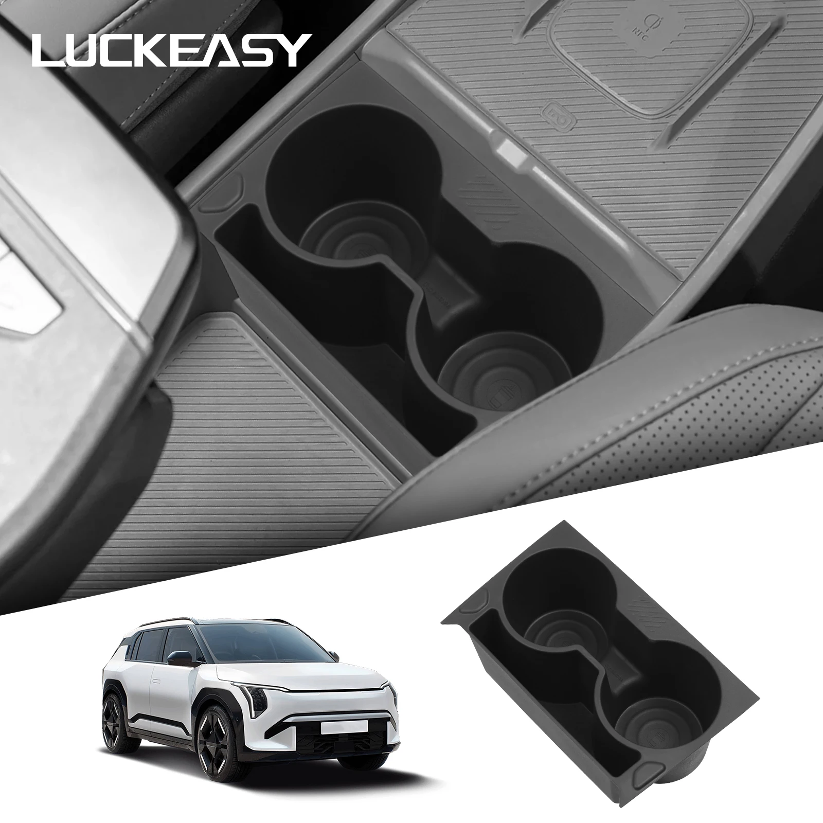 LUCKEASY for Kia EV3 EV4 2024-2026 Center Console Water Cup Holder Shock-Absorbing Storage Box TPE Car Interior Accessories