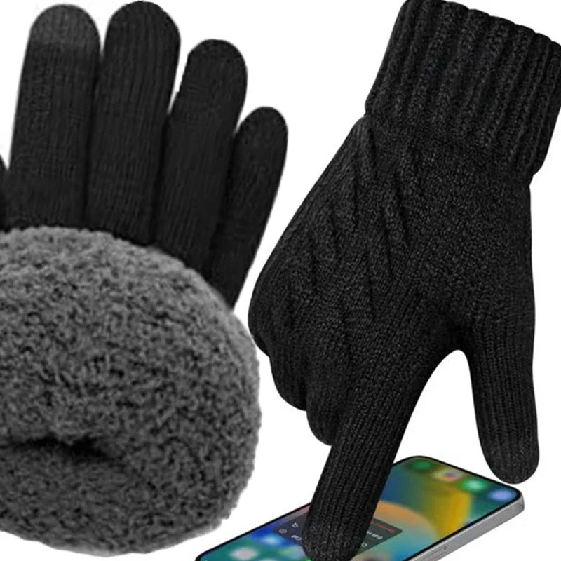 Wool Knitted Winter Gloves Women Men TouchScreen Warm Stretch Mittens Imitation Wool Full Finger Guantes Crochet Luvas Thicken