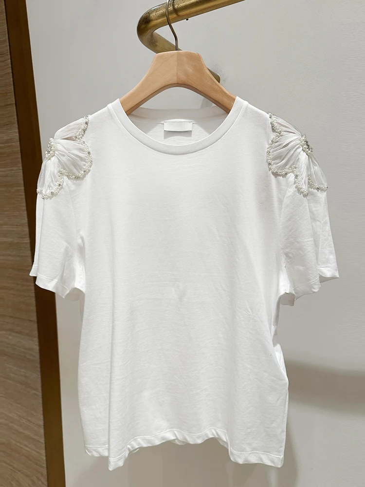 

Embroidered Flower Pure Cotton T-irt Women's Summer Top Glittering Beads Casual Comfortable Loose Fit round Ne ...