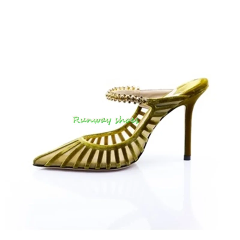 

Elegant Yellow Pointed Suede And Mesh Patchwork High-Heeled Sandals Shallow-bottomed Metal Diamond-Decorated Outdoor Slippers