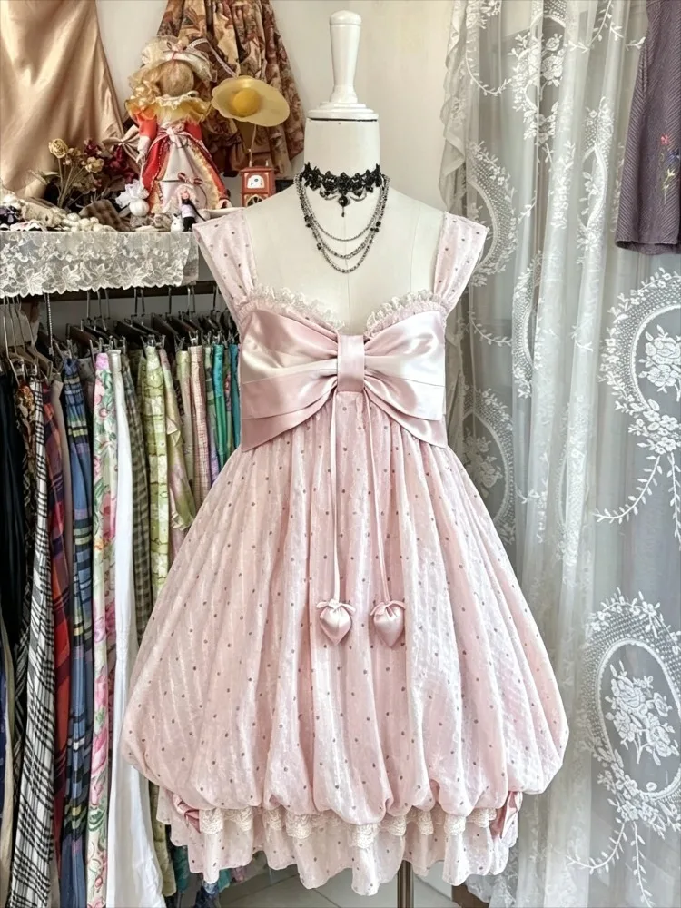 Y2K Harajuku Japanisches Sling-Bandage-Kleid mit süßer Spitze und Schleife, Lolita-Stil, Vintage, elegant, Rüschen, Mini, Sommer 2026, Strandurlaub, Neu